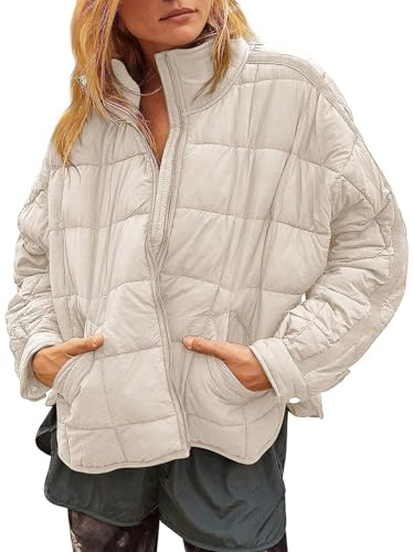 Muchpow Women's Lightweight Down Coat Long Sleeve Full Zipper Oversized Packable Short Puffer Jackets(Beige,Medium)