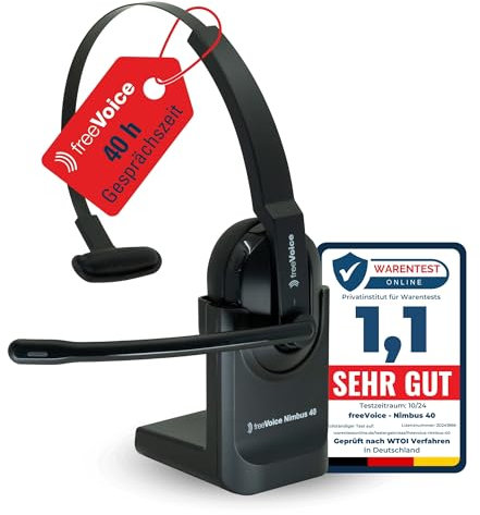 freeVoice Nimbus BT Mono 40 I Kopfhörer Noise Cancelling bis 40 h Gesprächszeit I Kabellose Kopfhörer mit Mikrofon I Bluetooth Headset mit Reichweite bis 30 m I Business Headset für Büro