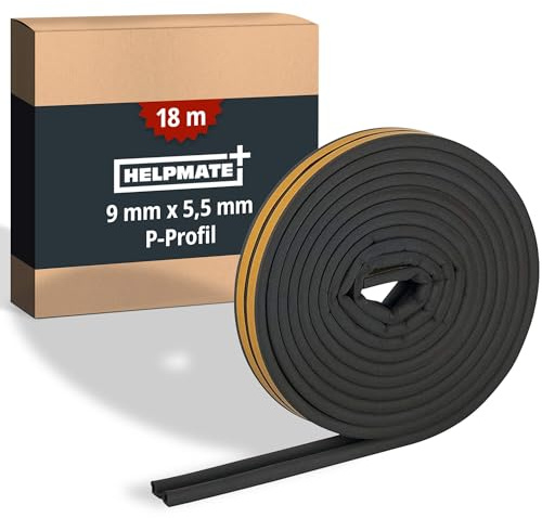 HELPMATE – Dichtungsband P‑Profil 9x5,5 mm – 18 m – Spaltmaß 2,5-5 mm | Schwarze & selbstklebende Fensterdichtung und Türdichtung – Profildichtung zur Isolierung kleiner Spalten
