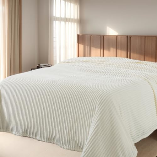 Cuddly Queen Size Blanket, Fluffy Fleece, Warm & Soft with Striped Pattern, 90x90 Inches, Cream