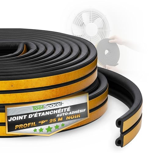 ToolSpace Joint Porte Entree, Fenetre, Isolation Porte, Fenetre Anti Froid - Bande d'étanchéité autocollante pour portes et fenêtres - 25m - Profil P Noir - Bande d'étanchéité anti-collision