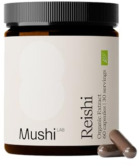 Reishi Mushi LAB | Extracto Reishi Puro en Cápsulas 8000mg | Orgánico Premium | Sueño Reparador, Antiestrés e Inmunidad | Efecto Antiestrés | Hongo Reishi | Vegano Sin aditivos | Fabricado en Alemania