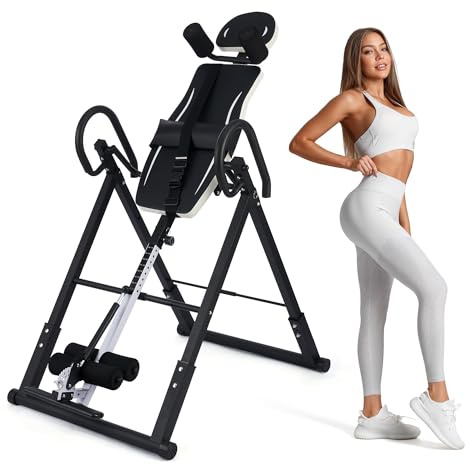 ZELUS Table d'Inversion Pliable Réglable Équipement pour de Gymnastique à Domicile Entraînement par Gravité pour la Thérapie Naturelle de Soulagement des Douleurs du Dos, Noir et Blanc