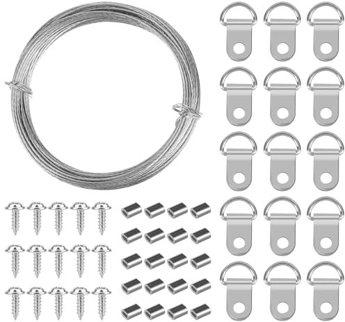 Fune metallica da 10 m, set di fili di sospensione in acciaio inox, 1 mm, per appendere foto, corda in acciaio con anello a D e vite, per immagini a specchio