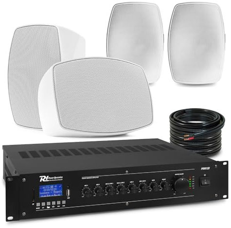 Power Dynamics PD 4x 4 BHW40WH White Wall Mounted Speaker System & 2x Ceiling Subs with 100V Mixer-Amplifier, Commercial Audio, Restaurant Background Music, Pub or Outdoor Sound Speakers Set