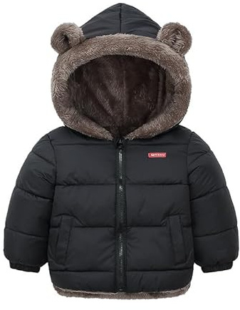 Kids Boys Girls Winter Coats Hooded Down Thicken Jackets with Cute Ear Toddler Baby Boys Girls Warm Fleece Coat Kids Baby Winter Clothes 2-3 Years Black