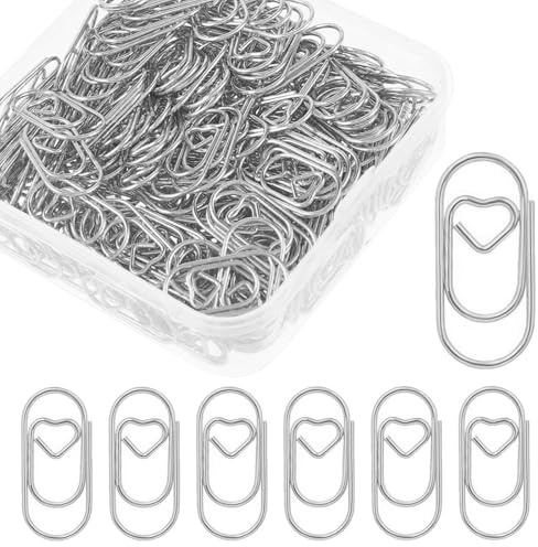 luckaide Set di 250 graffette a forma di cuore, argento, con scatola trasparente, piccole graffette ovali, motivo per ufficio, aula, fermacarte