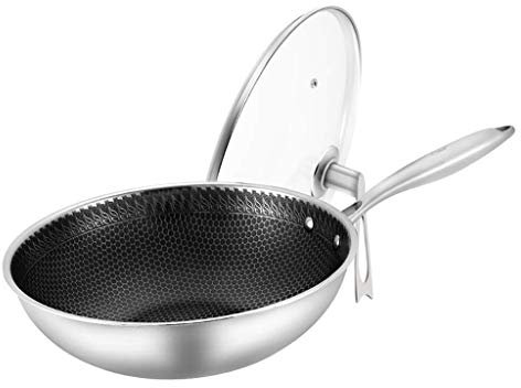 Wok para inducción Wok de Acero Inoxidable 304 Sartén Antiadherente Sin Recubrimiento Olla de Humos sin Aceite Cocina de inducción Estufas de Gas Wok de 32 cm