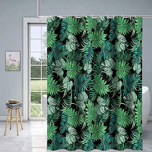 JUZGTSIT Cortinas de ducha de hojas exuberantes de verano, tropicales, hojas de palmera, telón de fondo negro para arte estético moderno, decoración de baño, tela de poliéster con ganchos, 60 x 72