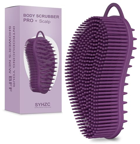 SYHZC Exfoliating Silicone Body Scrubber Pro 2-in-1 Shower Scrubber for Body, Silicone Bath Loofah and Scalp Massager (Purple)