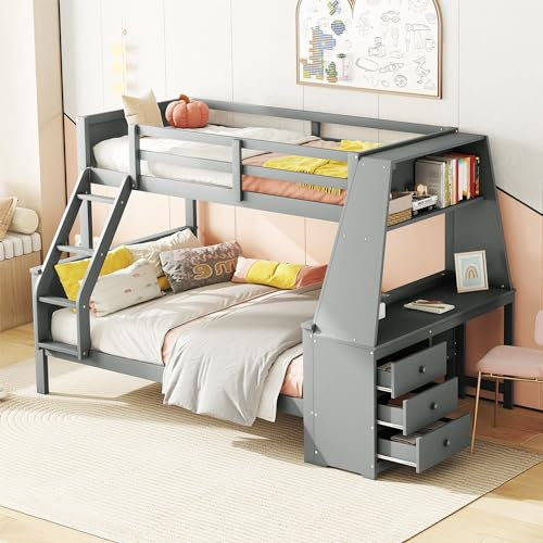 Kayan Etagenbett Kinderbett 90x200 & 140x200 cm, Hochbett mit Schreibtisch und 3 Stauraum Schubladen, Bett mit Rausfallschutz und Lagerregal, Hausbett mit Treppe und Lattenrost, Ohne Matratze (Grau)