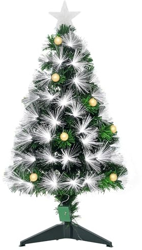 HOMCOM Árbol de Navidad 90 cm Árbol de Navidad con Fibra Óptica Árbol de Navidad Artificial con 90 Luces LED y 90 Ramas para Interior Verde y Blanco