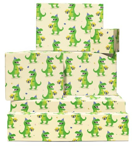 Dinosaurier Geschenkpapier – 6 Blatt Geschenkpapier – Dino Geschenkpapier – Geburtstags Geschenkpapier für Jungen, Kinder, Kleinkinder – mit Aufklebern – recycelbar – von Central 23