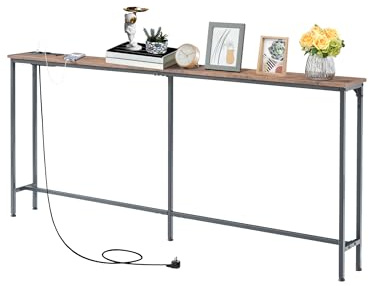 GOKHOMX Tavolo Console stretto con prese di corrente, tavolo da console, ingresso con porta USB, tavolino ausiliario per divano, per corridoio, soggiorno, ingresso (marrone vintage, 180 x 20 x 80,5 cm