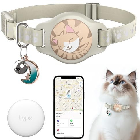 Cat Tracker Collar - Waterproof Airtag Cat Collar with Finder Tag (iOS ONLY), Compatible with Apple Find My, Breakaway Tractive Design with Reflective Pattern & Bell, Khaki(Not for Android Devices)