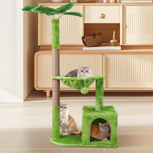 Myiosus Kratzbaum, katzenbaum 115 cm, Stabiler Katzenkratzbaum, vollständig mit Natürlichem Sisal umwickelte Säule, weicher Plüsch, Kratzsäule mit Hängematte, Spielzeug Ball, Katzenhöhle(2-3 Katzen)