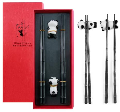Set di 2 paia di bacchette per sushi panda, 2 paia di bastoncini per sushi in bambù con 2 supporti panda cinesi per mangiare, bacchette giapponesi riutilizzabili lavabili in lavastoviglie per sushi
