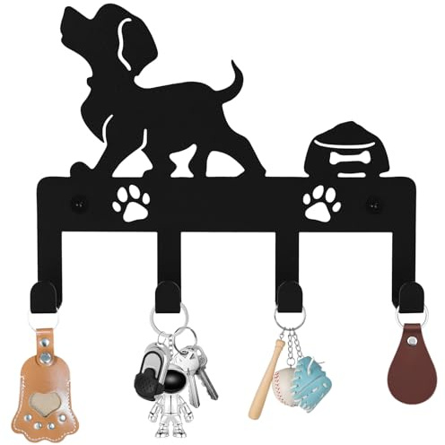 Lvjkes Porte clef mural, Accroche clef mural Avec 4 crochets, Utilisation polyvalente, Convient aux chambres, entrées, garages (Chiot/Noir)