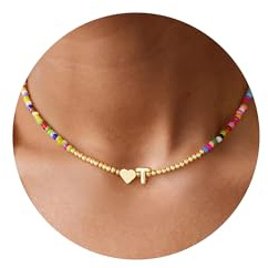 TINGN Bunte Perlenkette für Damen Mädchen - Handgefertigt Gold Bunte Perlen Kette mit Buchstaben Herz Anhänger Kette Kinder Geburtstagsgeschenke Geschenke für Frauen Teenager Mädchen Kinder Schmuck
