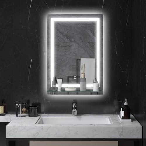 kleankin Espejo de Baño con Luces LED 50x70 cm Espejo para Baño con 3 Colores de Luz Estante de Vidrio Función de Memoria e Interruptor Táctil Plata