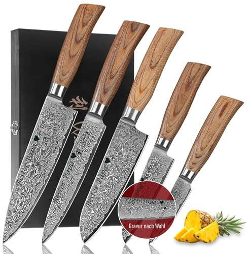 Wakoli EDIB Pro Damastmesser Set mit Gravur – Personalisiertes 5er Messerset, 20 cm, 17 cm, 16 cm, 11 cm & 8 cm Klingen aus 67 Lagen Damaststahl (VG10-Kern), Pakkaholzgriffe – in Holzbox
