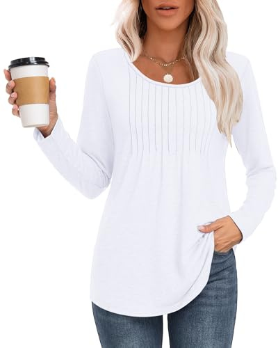 MOLERANI Womens Long Sleeve Tops Round Neck T Shirt White M