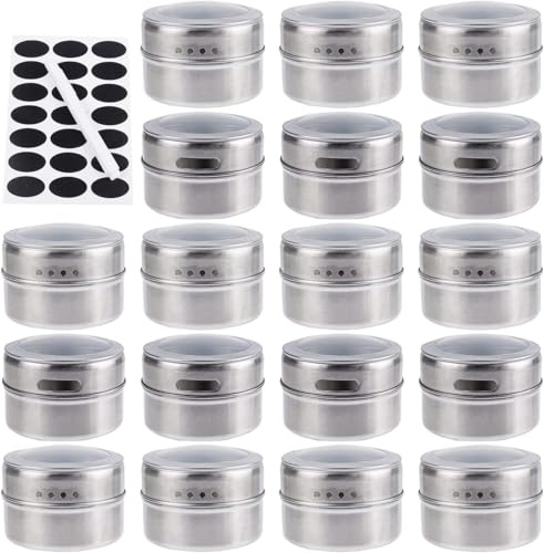 Lot de 18 Pots à Épices Magnétiques Contenants en Acier Inoxydable avec Couvercle Transparent, Étiquettes et Stylo Couvercle Tamis ou Verseur S’accroche au Réfrigérateur ou Barbecue Facile à Installer