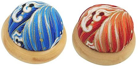 DIYEAH 2 Stück Japanisches Nadelkissen mit Holzbasis und Wellenmuster DIY Handwerkszubehör für Quilting und Näharbeiten Blau Rot