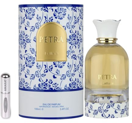 Perfume Petra Eau de Parfum 100ml, Perfume Árabe Unisex de Larga Duración, Incluye Atomizador Recargable 5 ml, Fragancia árabe floral frutal gourmand con ciruela, coco, praliné y vainilla (Petra)