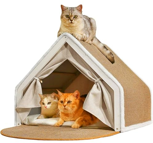Cat Houses for Indoor Cats - 4 Seasons Cat Bed Cave with Natural Sisal Cat Scratcher Mat, Solid Wood Frame Cat House with Curtains and Cat Floor Scratching Pad Rug, Protect Couch and Carpets, S