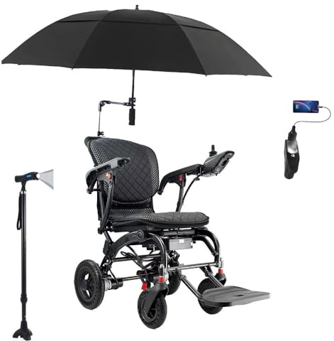 Juodkeo Leichter elektrischer Rollstuhl 33lbs, faltbarer Elektrorollstuhl für Erwachsene, Doppelmotor 360W, heb Bare Armlehnen, mit USB-Lampe und Krücken,20ah