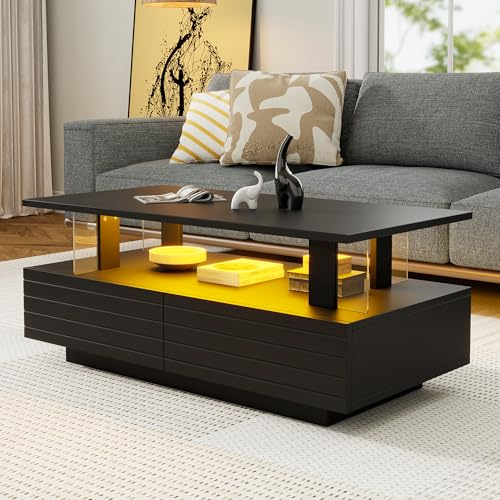 ModernLuxe Coffee Table with Storage, Rectangular Side Table with 2 Spacious Drawers and Built-in LED Lighting, Modern Design for Living Room or Office, Black, Particleboard + Acrylic, 100x50x42.5cm