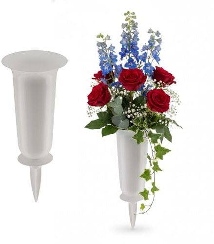 matches21 HOME & HOBBY Wetterfeste Grabvasen mit Erdspieß 37 cm weiß - 2 Friedhofsvasen zum Stecken als Grabschmuck