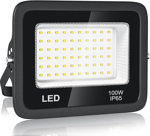 BOSITE Utomhus LED-strålkastare 100W, LED-strålkastare kallvit 6500K, 10000LM LED-strålkastare, IP65 vattentät LED-strålkastare utomhus för uteplats, terrass, trädgård, garage, industrilokaler