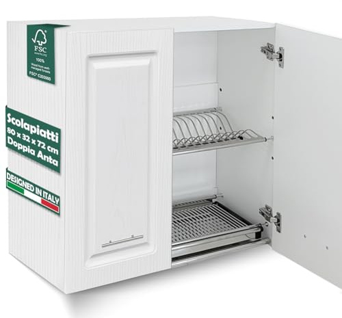 Shally Dogan Pensile Scolapiatti con Vassoio Salvagoccia da Cucina Design Boiserie, Mobile a Parete in Legno Resistente Armadio Sospeso con Due ante e Due Ripiani, 80 x 32 x 72H cm (Bianco Frassianto)