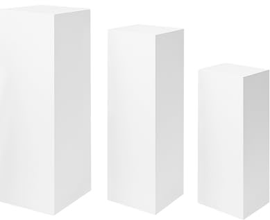 DIITGGE 3-Piece Square White Pedestal Stand, Metal Display Plinth Pillars for Wedding Birthday Party Decor, Cake & Flower Display Stands (27.56-39.37in, 66lb Capacity)