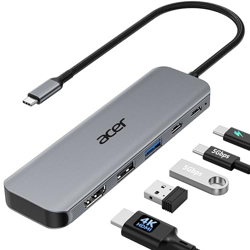Acer USB C Hub, 5-in-1 USBC to HDMI Adapter with 4K@60Hz, 100W Power Delivery, USB-C 5Gbps & USB-A 3.0 Data Ports, USBC Splitter Docking Station for MacBook Neo/Pro/Air, iPad Pro, iPhone 17 Pro Max