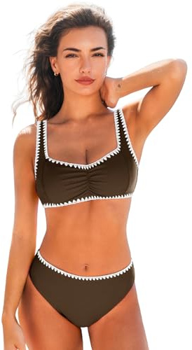 CUPSHE Conjunto de bikini para mujer, cuello corazón, tirantes anchos ajustables, traje de baño con costuras y tiro medio