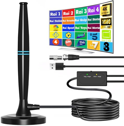 Antenna TV Interna Amplificata Potente, Antenna Portatile per 4K Smart TV(DVB-T/T2), Ricezione Segnali Digitali Terrestri entro 280 km, con Base Magnetica e Cavo Coassiale da 5 m (Nero Lucido)