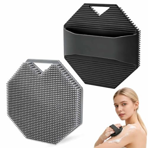 WUGAUWOR Silikon Kroppsskrubb, 2-pack, Svart och Grå Duschskrubb med Halkfri Grepp & Kroksdesign, Mild Exfolierande Borste för Känslig Hud, Kroppsborste för Resor, Gym, Hemmabruk