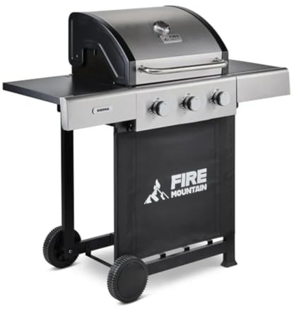 Fire Mountain Sierra 3 Burner Gas BBQ Stainless Steel with Cast Iron Grill Outdoor Barbecue for Garden Patio 50 x 42cm Cooking Area