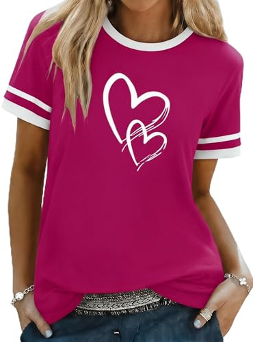 Aottori Camiseta Mujer Manga Corta Cuello Redondo Algodón Verano Fucsia L