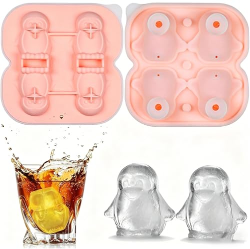 Bogoro 4 Niedliche 3D Pinguin Eiswürfelform aus Silikon, Eiswürfelbehälter | 5,8 cm Große Eiskugelform mit Trichterdeckel, Wiederverwendbare Eisform für Whiskey, Cocktails, Eiskaffee, Saft und Getränke