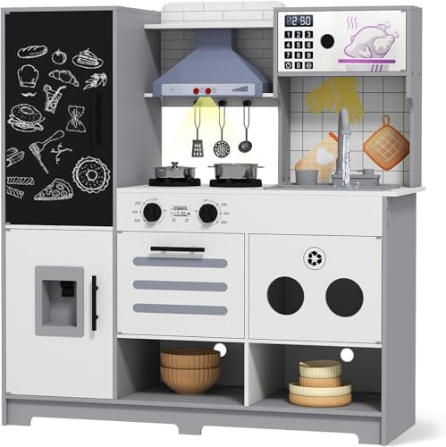 Kids Wooden Play Kitchen, Large Pretend Role Play Toy Kitchen Realistic | Sounds & Light, Recycling Tap, Chalkboard, Ice Maker, Stove, Hood, Oven, Children Cooking Playset for Toddlers 3+ Boy Girl