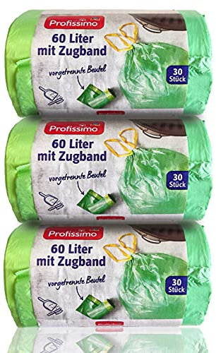 Profissimo Gut & Günstig Zugband Müllbeutel, 60 Liter (90 Stück), Reißfest & Flüssigkeitsdicht, 3er Pack (3 x 30 Stück)