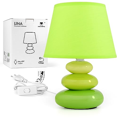 Sängbord Lina (grön) bord keramisk bord med tygskärm, LED, E14 230 V keramik, bord, sänglampa, fönsterlampa, sofflampa. fönsterbräda lampor