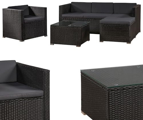 Juskys Polyrattan Lounge Punta Cana L für 4-5 Personen mit 3er Sofa, Sessel, Hocker, Tisch & Kissen, Sitzgruppe für Garten, Terrasse und Balkon, Gartenmöbel Set wetterfest - Schwarz/Grau