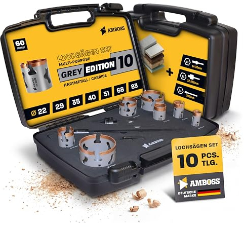 Amboss Universal-Lochsägen Set Ø 22-83 mm | 10-teilig | inkl. 6-kant Aufnahme | HM Power Set…