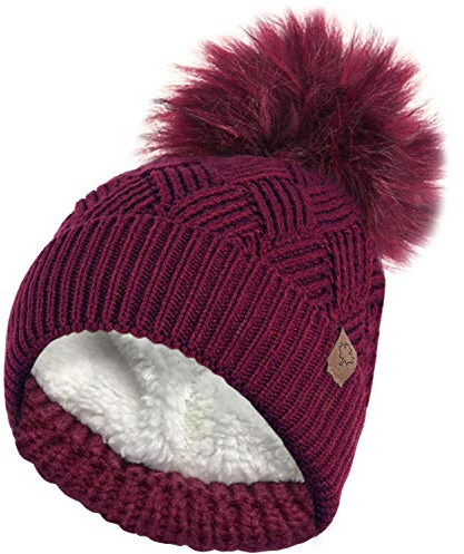 RockJock Ladies Warm Chunky Diamond Cable Knit Hat with Thermal Teddy Fleece Lining and Detachable Faux Fur Pompom