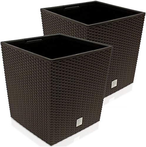 Deuba® 2X Blumentopf 35L 32x32x33cm Rato Low Innentopf Mit Griffen Wetterfest Rattanoptik Pflanzkasten Übertopf Pflanzkübel Blumenkasten Quadratisch Umbra